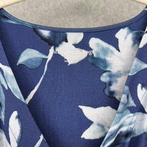 Soft Surroundings Hyannis Faux Wrap Midi Dress Size L Petite Blue Floral Stretch - Picture 7 of 13